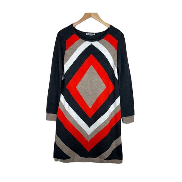 Eliza J dress geometric gray tan red white chevron colorblock rib knit midi M - Picture 7 of 7